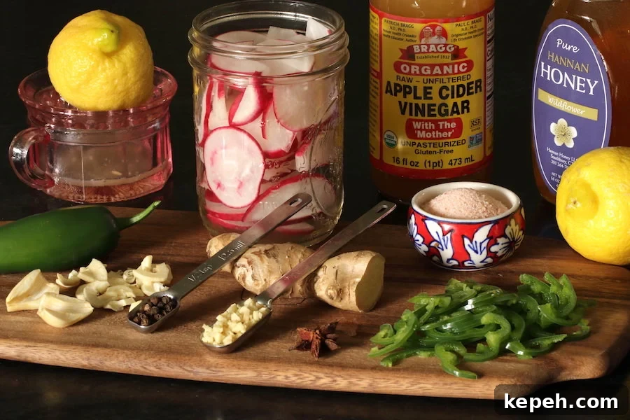 Spicy Mexican Pickled Radishes with Jalapeños and Lime 5 Display of ingredients to make Pickled Radishes with Jalapeños