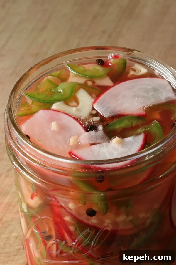 Spicy Mexican Pickled Radishes with Jalapeños and Lime 7 Close-up, top-view of Spicy Pickled Radishes with Jalapeños