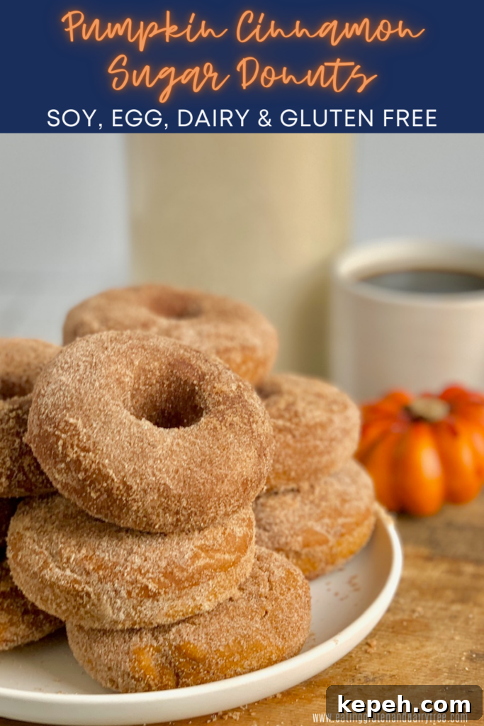 Pumpkin Cinnamon Sugar Donuts Recipe for Fall Baking 2 Several donuts stacked on top of each other with a cinnamon sugar coating on a white plate next to a cup of coffee and a decorative pumpkin.