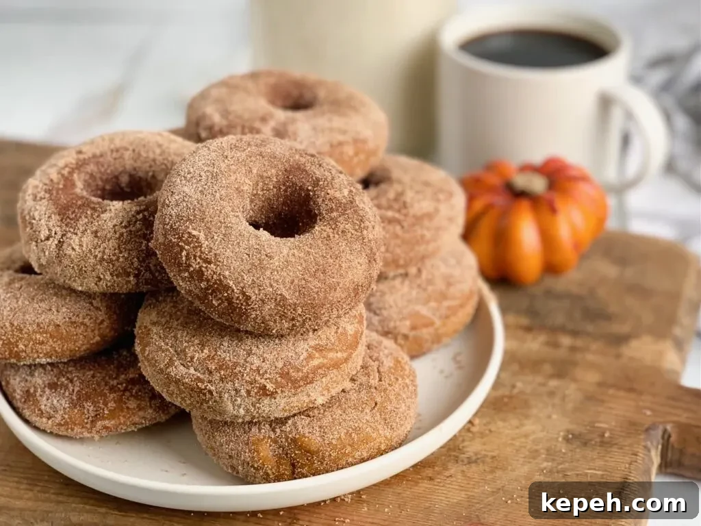 Pumpkin Cinnamon Sugar Donuts Recipe for Fall Baking 3 Several donuts stacked on top of each other on a white plate next to a cup of coffee and a decorative pumpkin.