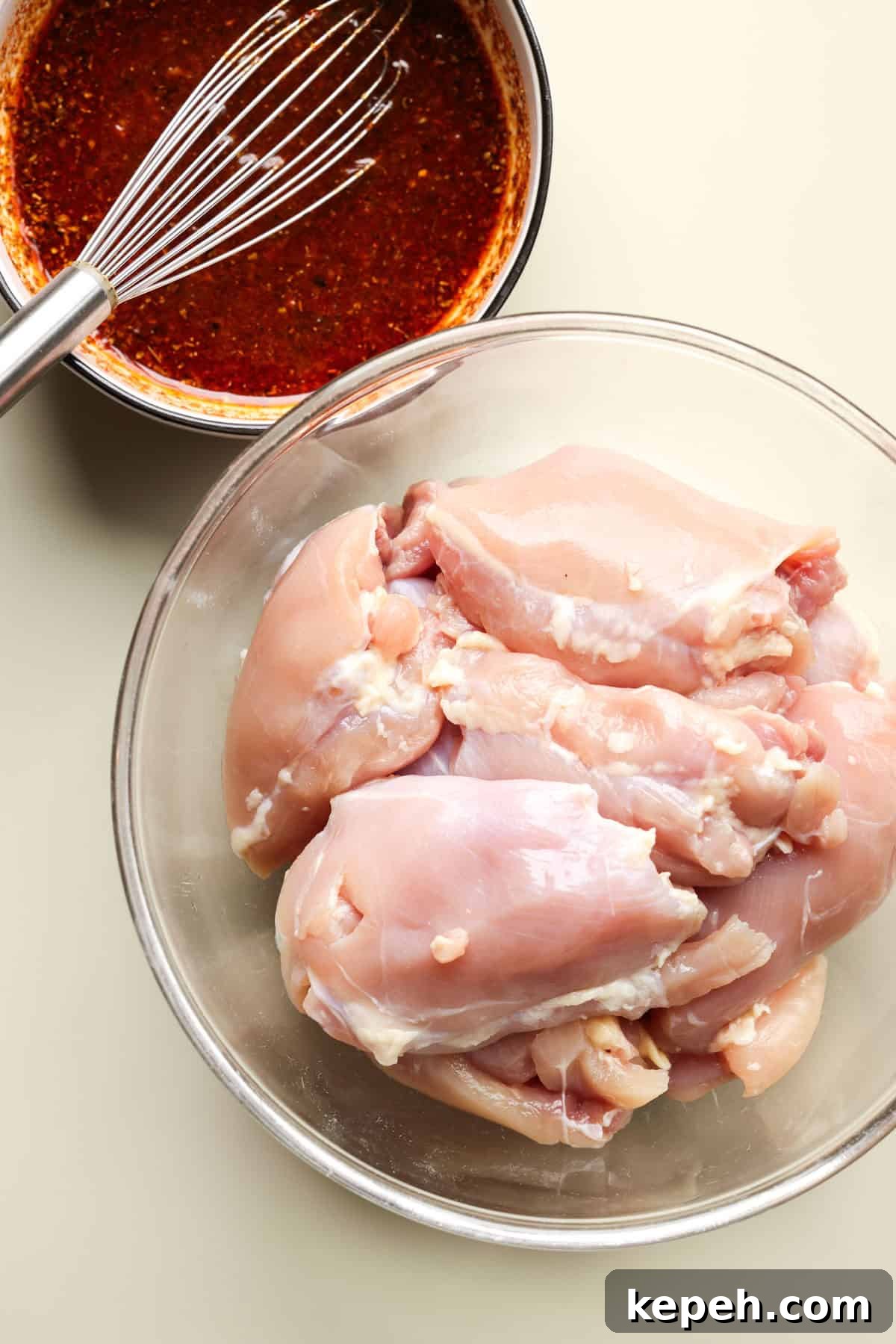 Trim the chicken and make the marinade. Chicken thighs in a glass bowl next to a smaller bowl of Chipotle chicken marinade.