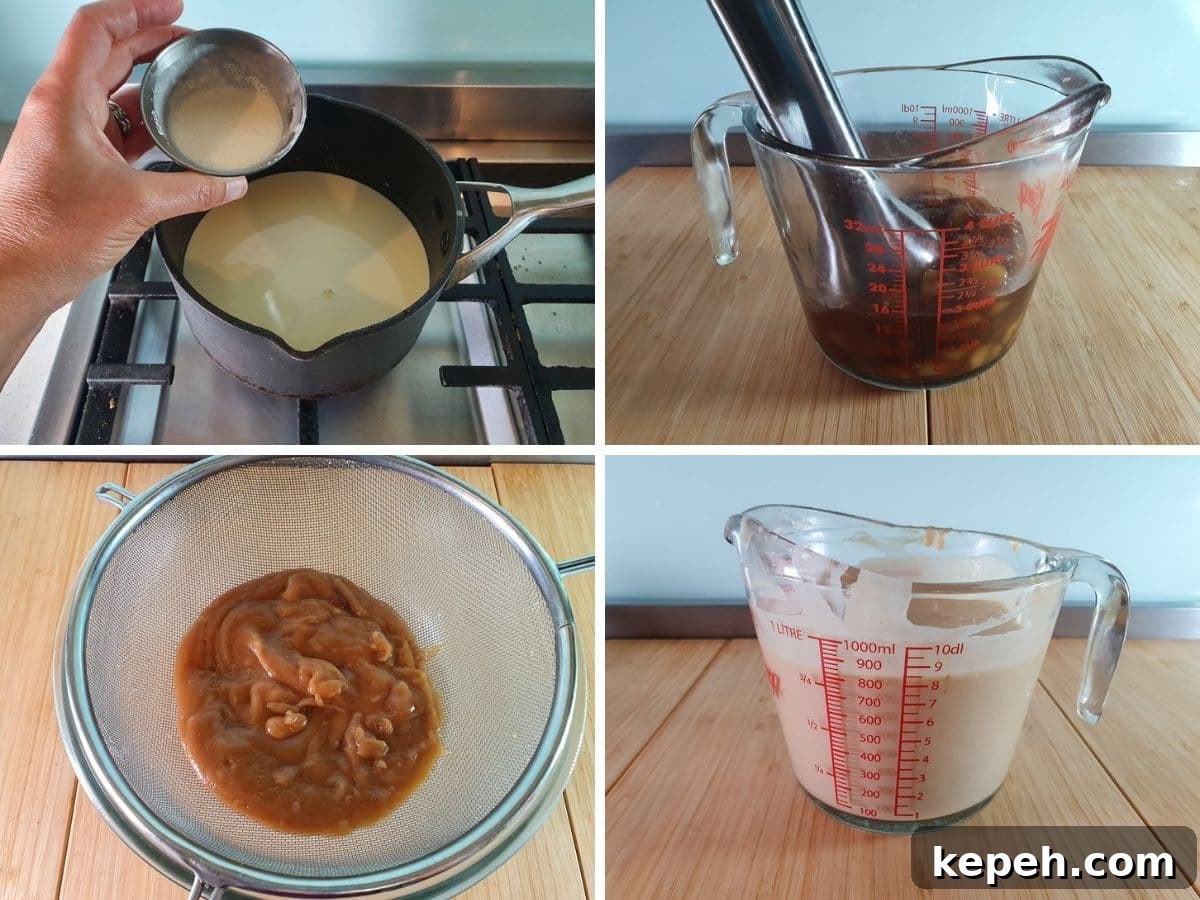 Process shots: adding glucose and tapioca starch to cream, blitzing cooled pears, straining pears, adding pears to cream mix.
