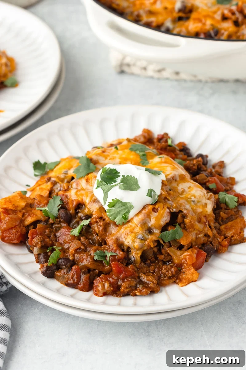 Enchilada skillet on a white plate.