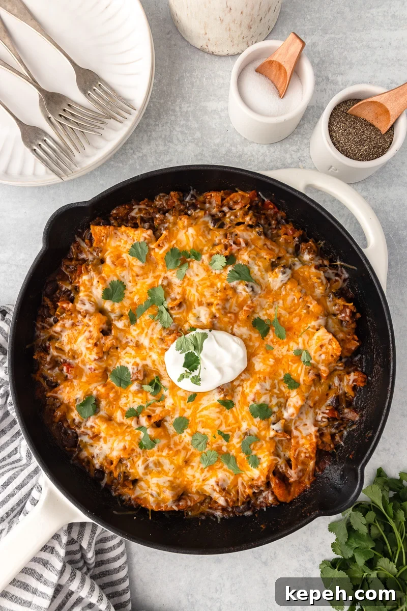 Overhead view of beef enchilada skillet.