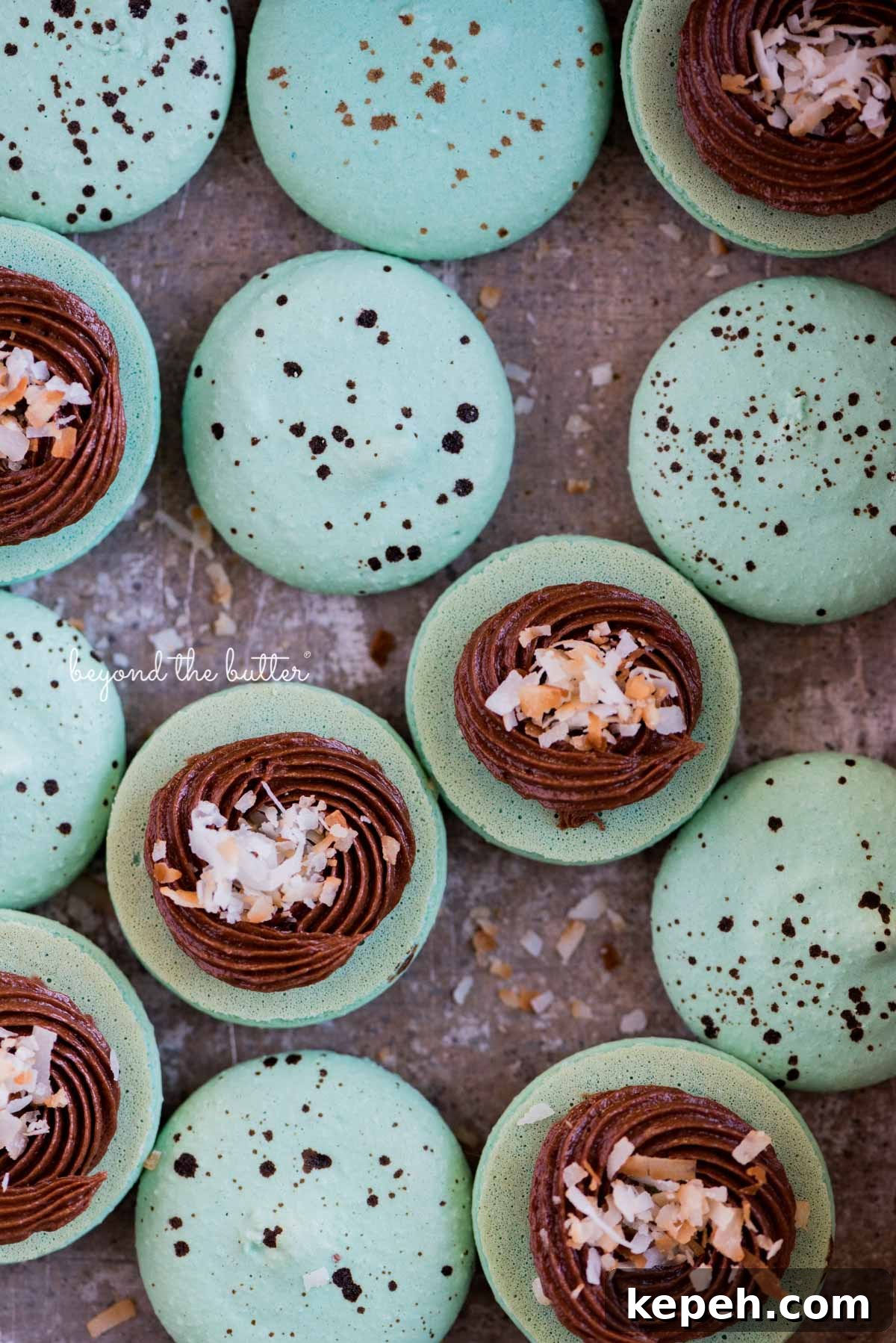 Robin's Egg Macarons: Delicate Blue Pastry Recipe and Tips 2 Robin's egg macarons opened and half filled with milk chocolate frosting and toasted coconut flakes in a vintage bake pan | All images © Beyond the Butter®