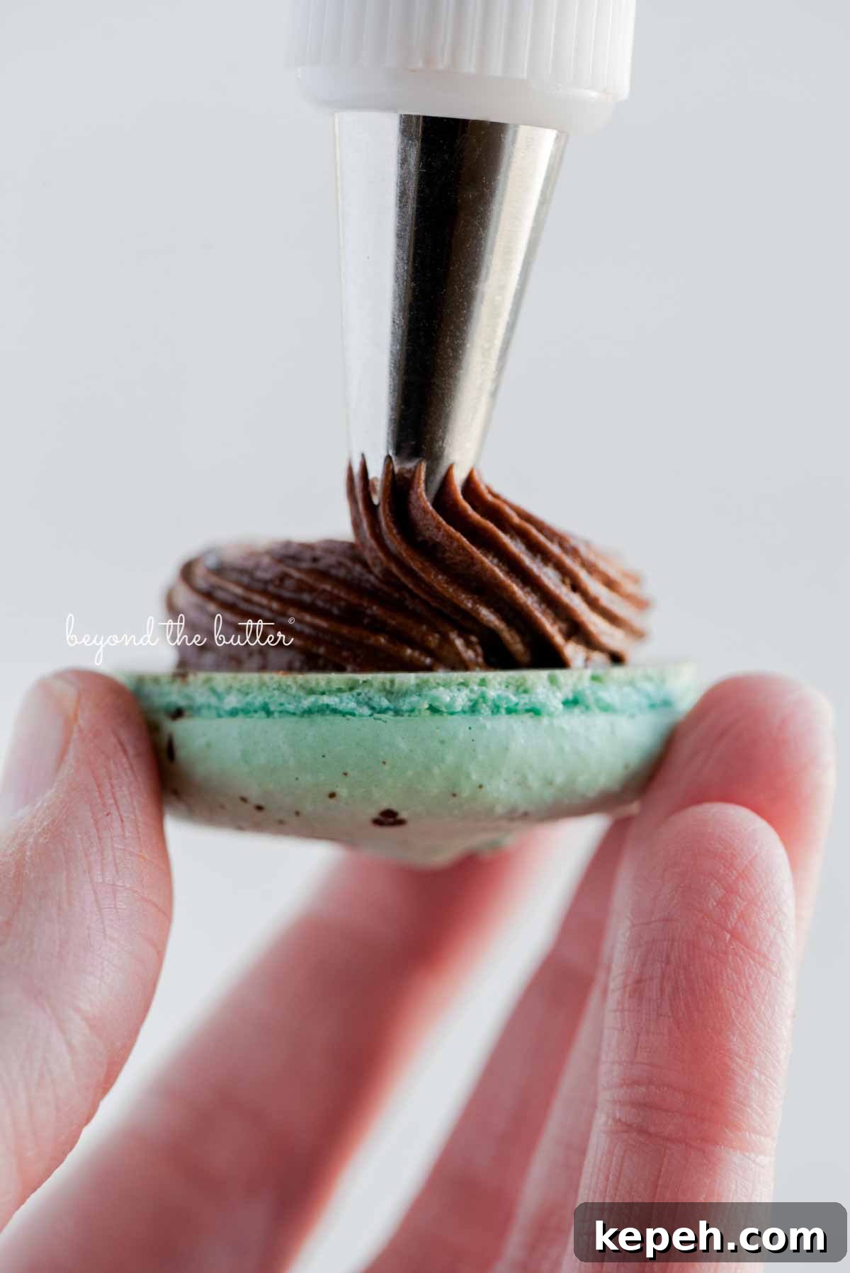 Robin's Egg Macarons: Delicate Blue Pastry Recipe and Tips 11 Piping milk chocolate frosting onto a robin's egg macaron shell
