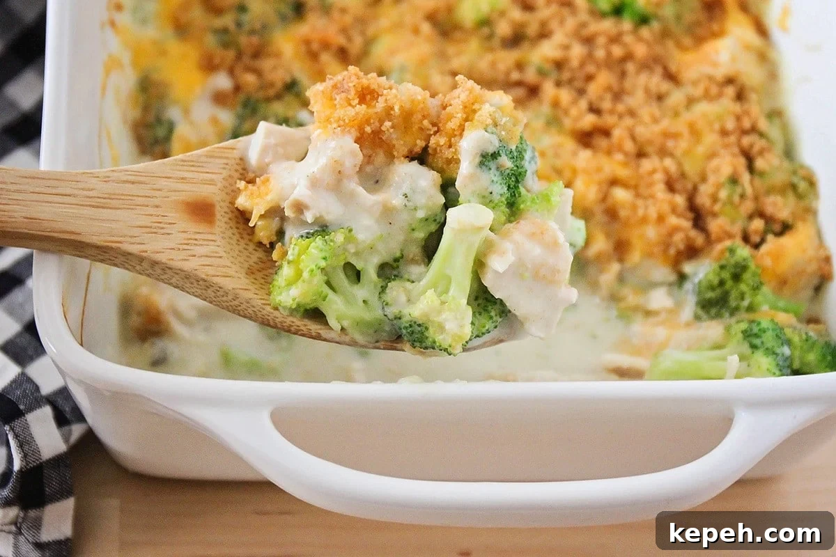 Easy Chicken Divan is loaded with chunks of tender chicken and broccoli and smothered in a cream sauce. It is perfect to freeze for later! Scoop of chicken divan topped with bread crumbs.