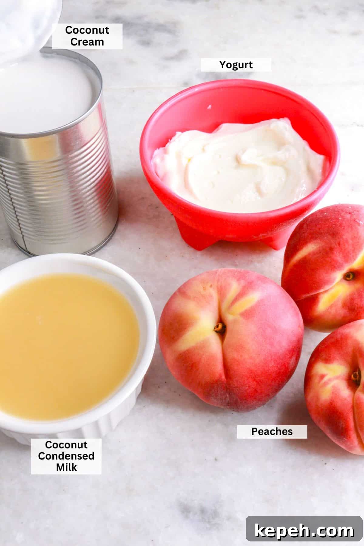 Dairy-Free Peaches con Crema: Vegan Peaches and Cream Recipe 3 Ingredients for duraznos con crema: coconut cream, yogurt, coconut condensed milk, peaches