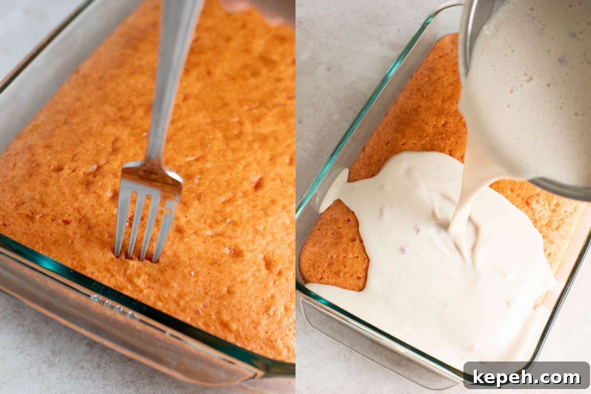 Strawberry Tres Leches Cake Recipe — Moist Milk-Soaked Dessert 4 poking the cake with a fork and then pouring the tres leches milk mixture over the top of the cake to soak in.