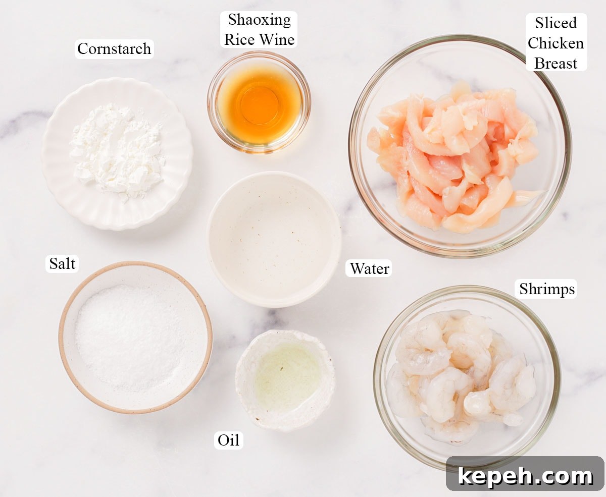 Ingredients for velveting sliced chicken and shirmps.
