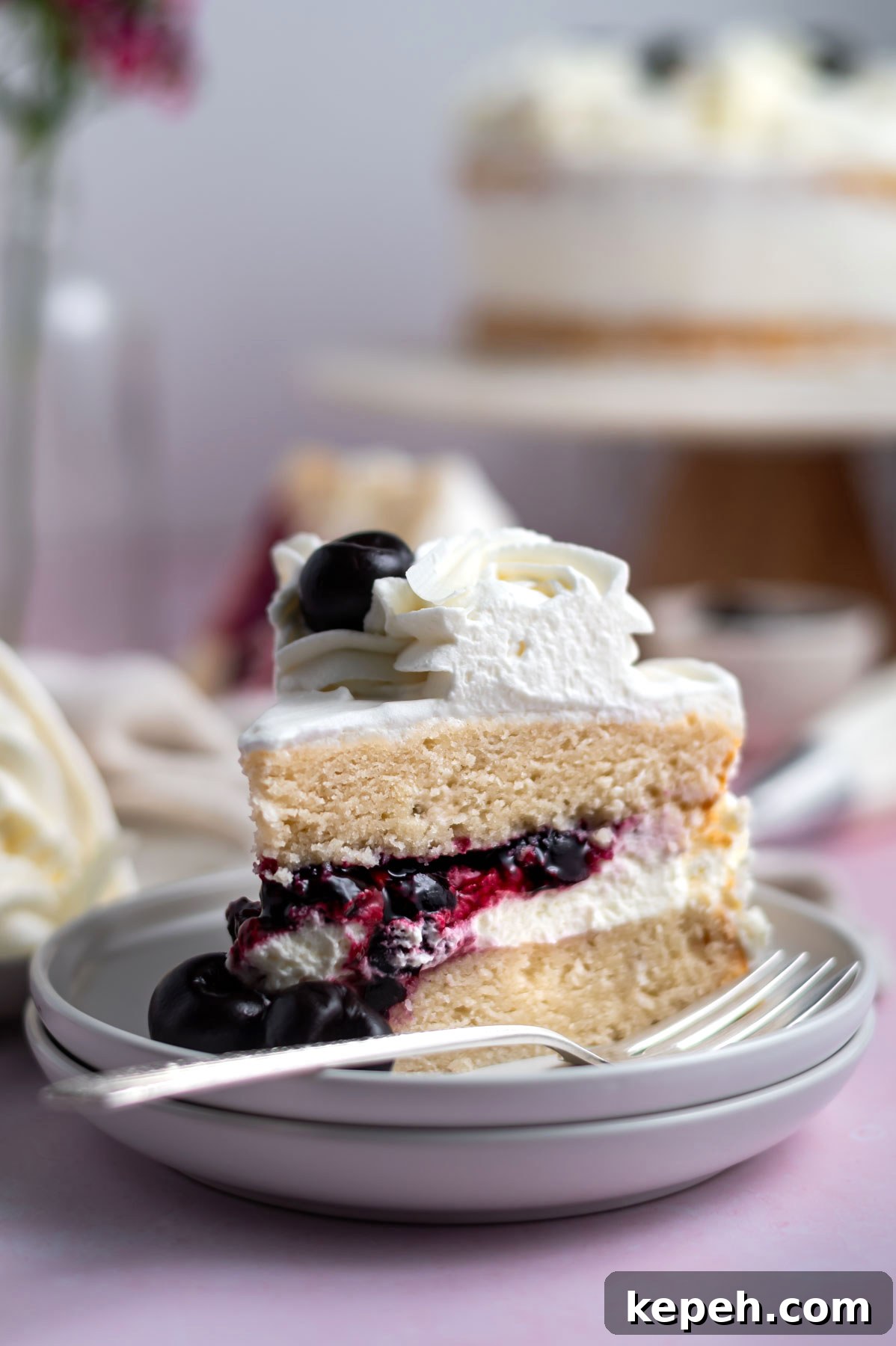 Light and Fluffy White Forest Cake Recipe 14 slice of cake on a plate with a fork
