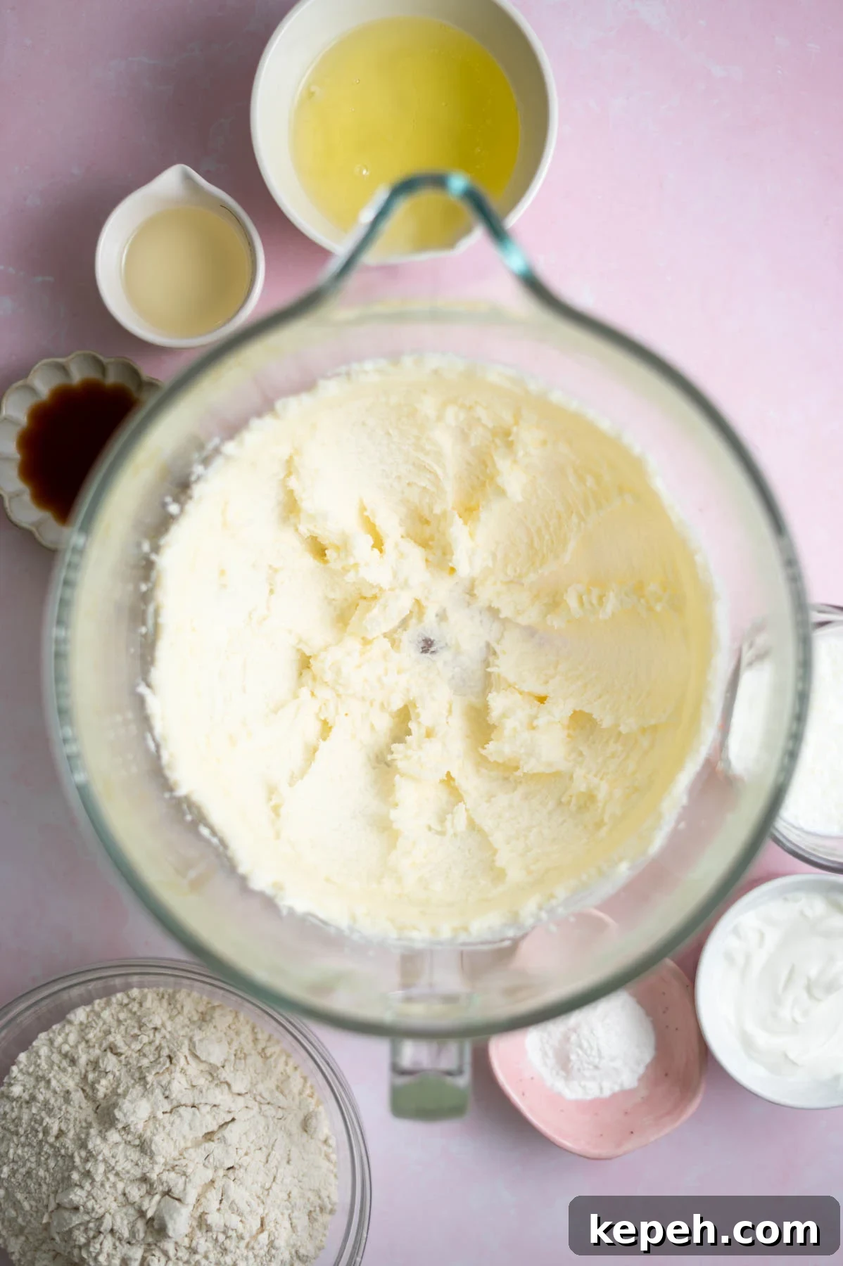 Light and Fluffy White Forest Cake Recipe 5 butter and sugar creamed together in a mixing bowl
