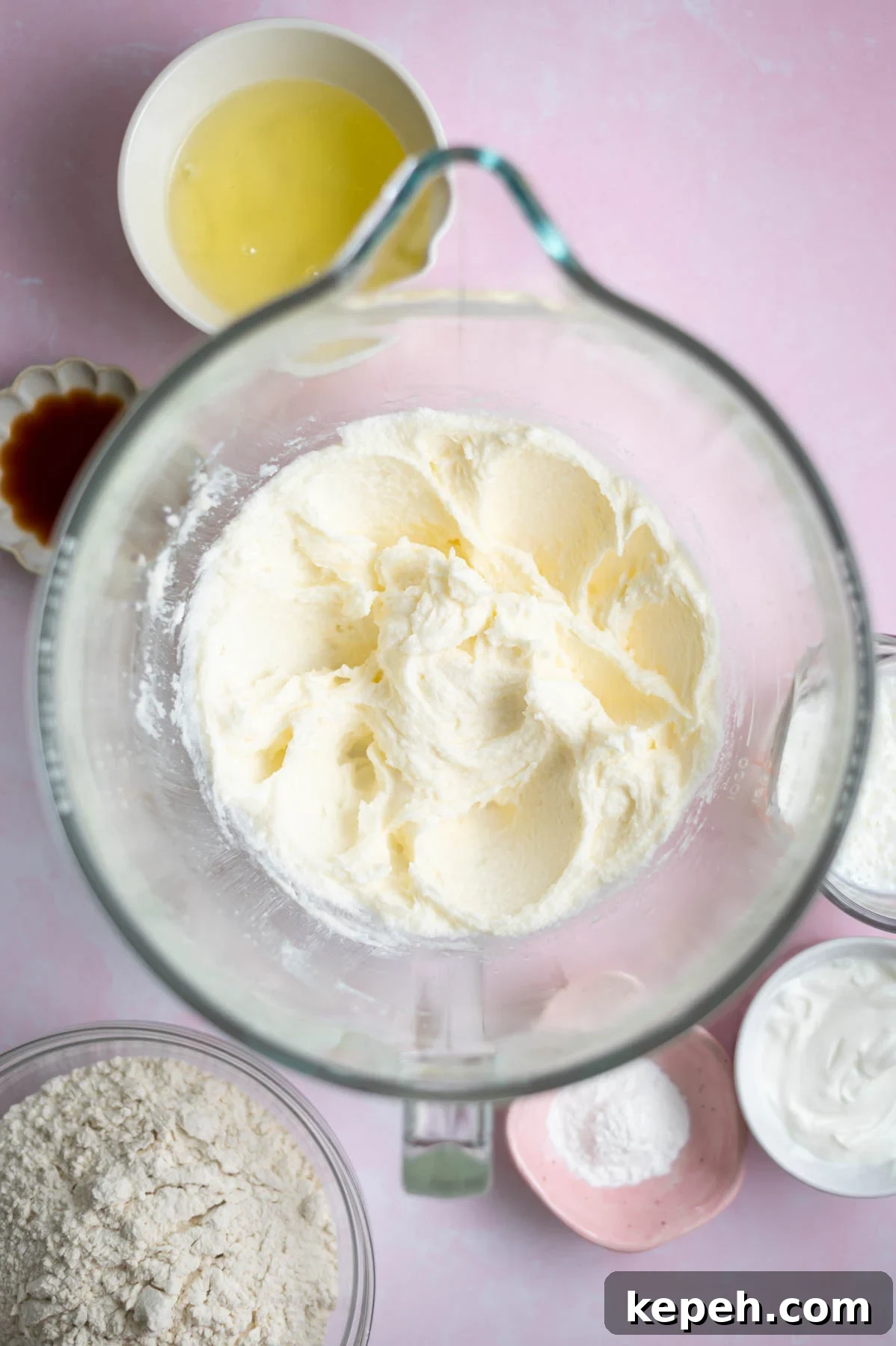 Light and Fluffy White Forest Cake Recipe 6 cake batter after oil has been added to the creamed butter and sugar in a mixing bowl