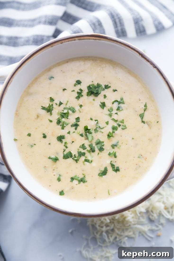 keto queso soup in a white bowl topped with chopped parsley