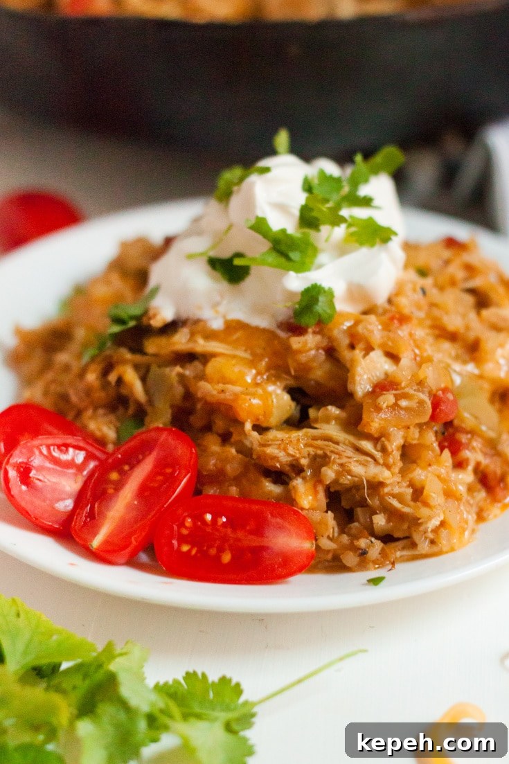 shredded chicken with cheese topped with sour cream on a white plate with cherry tomatoes