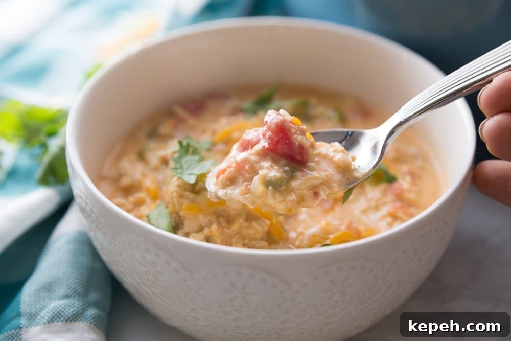 Mexican fajita soup in a white bowl with a spoonful of soup