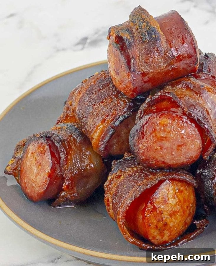 Bourbon Brown Sugar Bacon-Wrapped Sausages Recipe 2 Bourbon Brown Sugar Bacon Wrapped Sausages stacked on top of each other on a gray plate