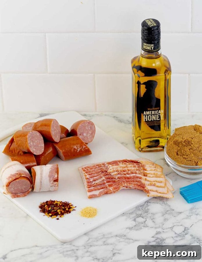 Bourbon Brown Sugar Bacon-Wrapped Sausages Recipe 4 ingredients being prepped for Bourbon Brown Sugar Bacon Wrapped Sausages
