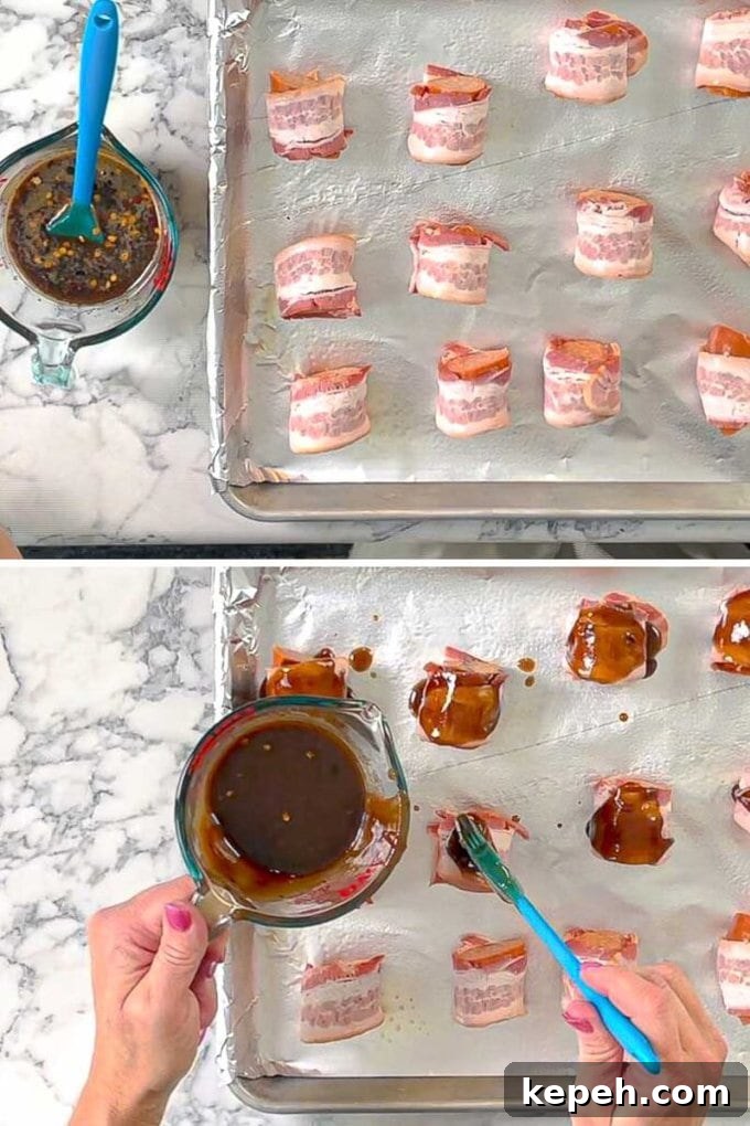 Bourbon Brown Sugar Bacon-Wrapped Sausages Recipe 5 two photos of sausages wrapped in bacon on a foil lines baking sheet and also getting a brown sugar bourbon glaze.