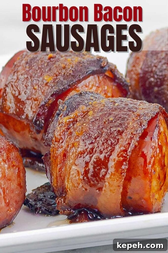 Bourbon Brown Sugar Bacon-Wrapped Sausages Recipe 8 pinterest pin image of bacon wrapped sausages
