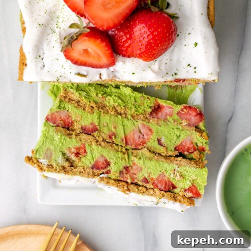 No-Bake Strawberry Matcha Cake — Gluten-Free Vegan Recipe 9 Overhead view of sliced strawberry matcha icebox cake.