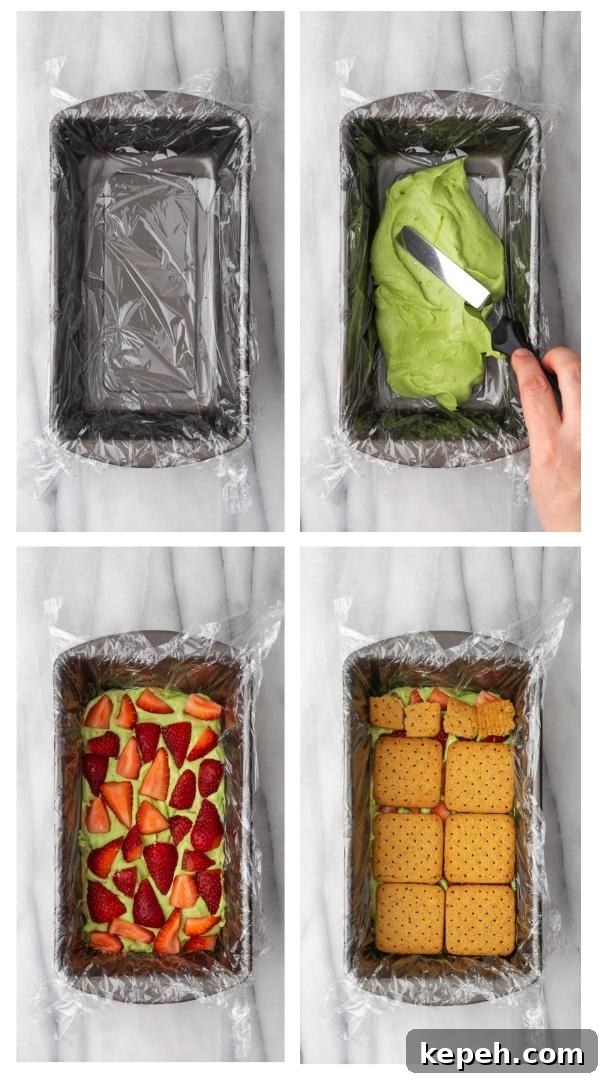 No-Bake Strawberry Matcha Cake — Gluten-Free Vegan Recipe 6 Step by step instructions to assemble the cake.