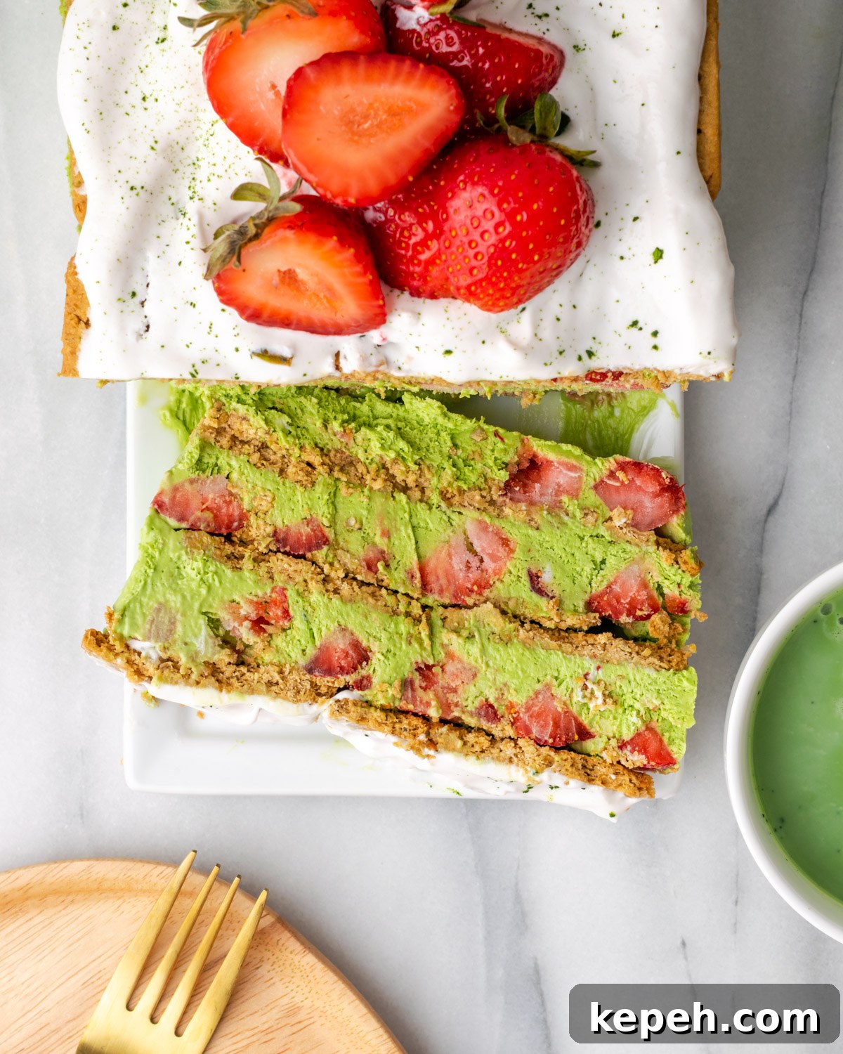 No-Bake Strawberry Matcha Cake — Gluten-Free Vegan Recipe 7 Overhead view of sliced strawberry matcha icebox cake.
