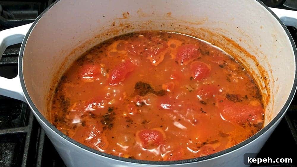 Creamy Tomato Bisque Recipe with Fresh Basil and Croutons 5 Tomato Bisque Simmering