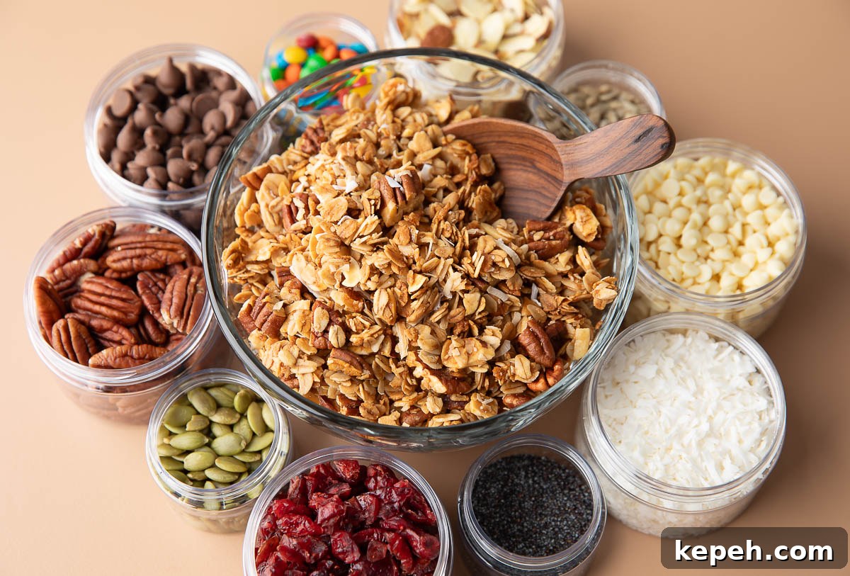 Crunchy Coconut Granola Recipe for Homemade Morning Boost 10 bowl of coconut pecan granola surrounded by small bowls of toppings and mix-ins like chocolate chips, seeds, dried fruit, and nuts