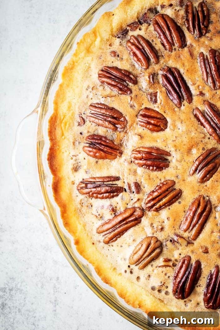 Keto Snickerdoodle Cookies: Low-Carb Cinnamon Treats 11 overhead view of keto pecan pie in glass dish