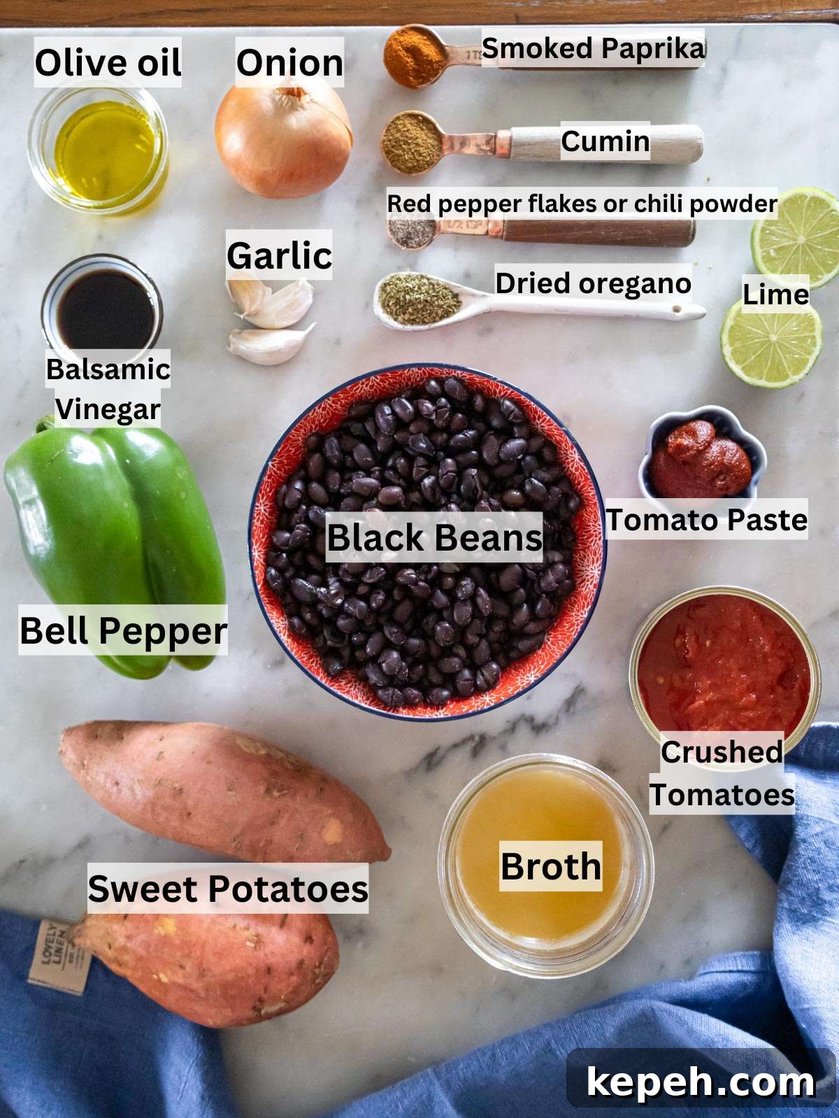 30-Minute Black Bean Chili: Low-Fat, Flavorful Weeknight Recipe 3 Fresh ingredients for black bean chili including sweet potatoes, beans, tomatoes, and spices.