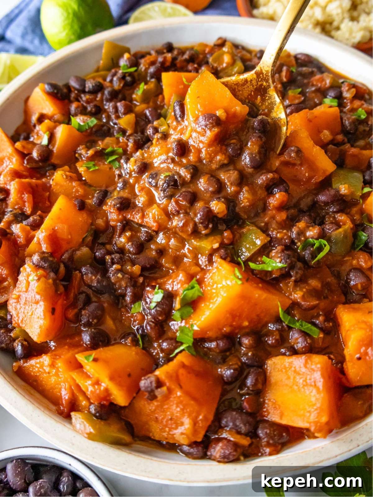 30-Minute Black Bean Chili: Low-Fat, Flavorful Weeknight Recipe 4 Hearty black bean chili with sweet potatoes and beans in a rich tomato base.