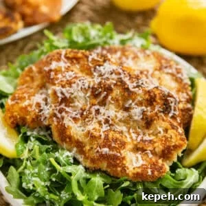 Veal Scallopini with Lemon Butter Sauce Recipe 14 Veal scallopini on a bed of dressed arugula with lemon wedges on a white plate.