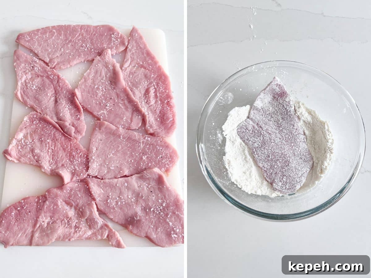Veal Scallopini with Lemon Butter Sauce Recipe 4 Veal cutlets pounded thin on a cutting board and a cutlet in a bowl of flour.