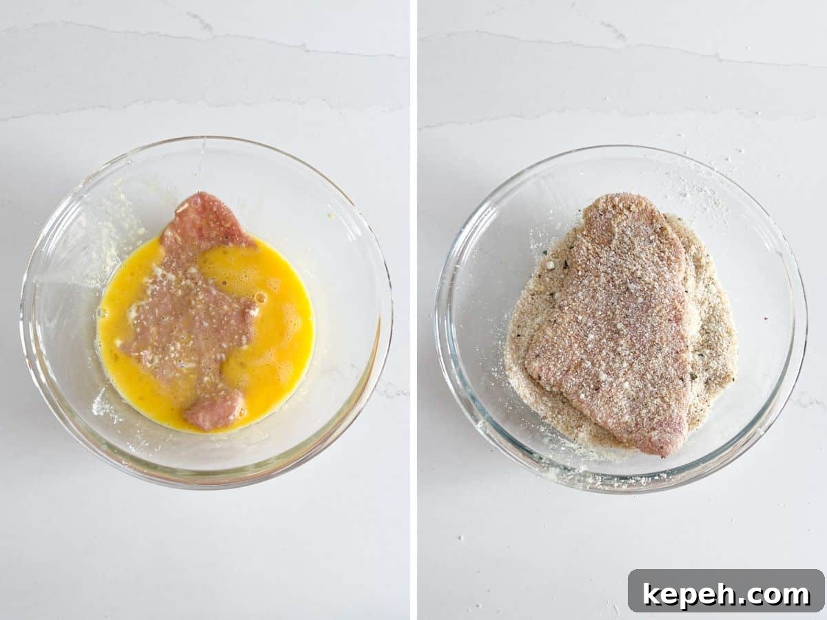 Veal Scallopini with Lemon Butter Sauce Recipe 5 A veal cutlet in a bowl of beaten egg and then dredged in a bowl of bread crumbs mixed with Romano cheese.