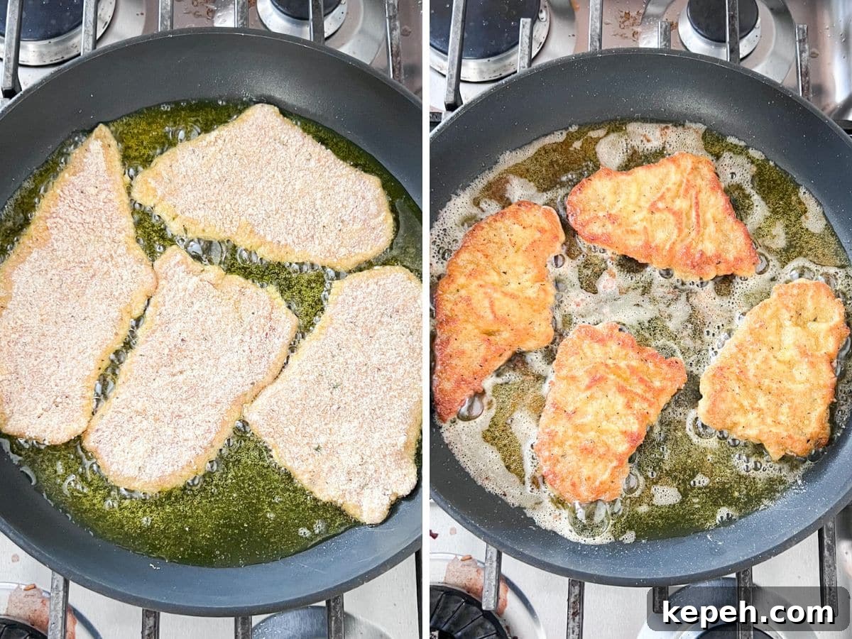 Veal Scallopini with Lemon Butter Sauce Recipe 6 Raw breaded veal cutlets added to a pan of hot oil and then the same cutlets cooked to a golden brown in that skillet.