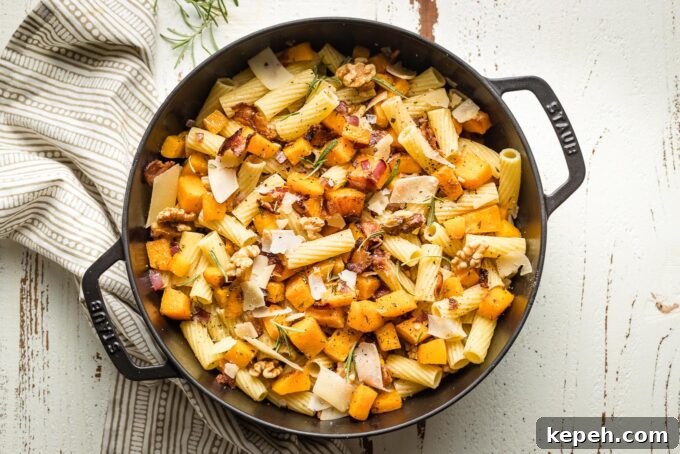 Roasted Butternut Squash Pasta with Sage and Parmesan 6 Skillet with pasta, squash, and extras added and tossed together.