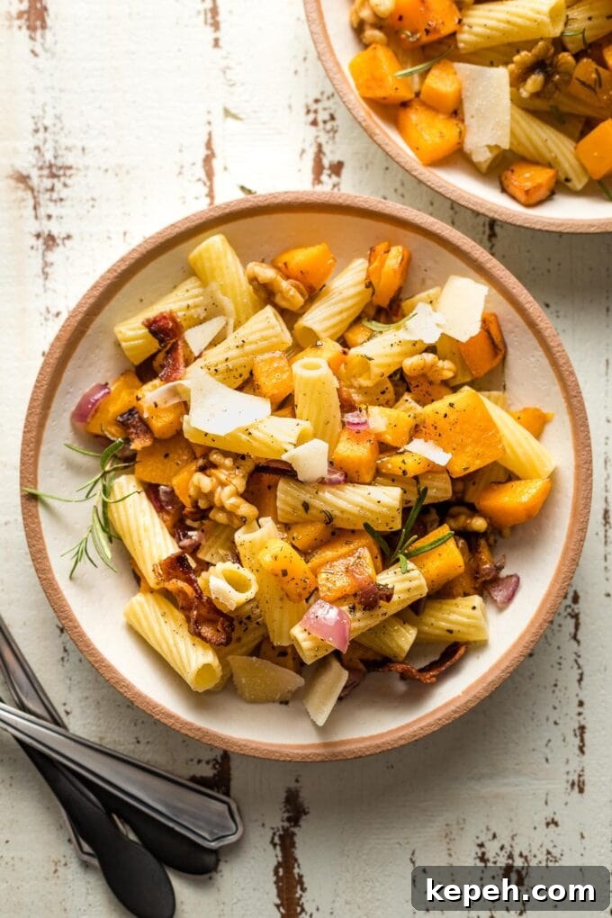 Roasted Butternut Squash Pasta with Sage and Parmesan 7 Plates of roasted butternut squash pasta ready to serve.