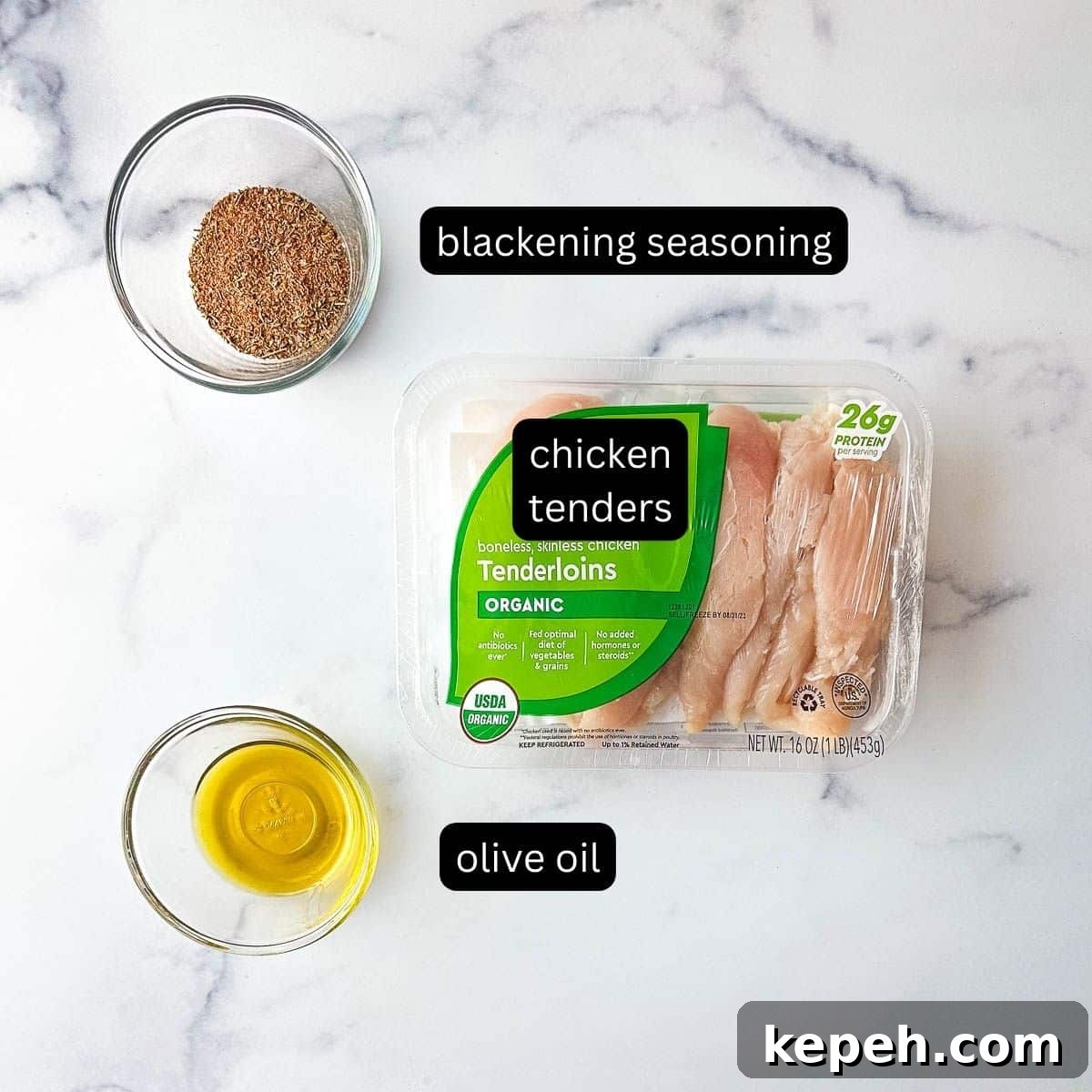 Cajun Blackened Chicken Tenders Recipe with Crispy Pan-Seared Flavor 3 Labeled Blackened Chicken tenders ingredients on a marble countertop.