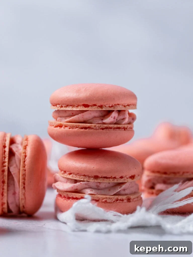 Strawberry Macaron Recipe: Light, Tangy French Cookies 2 A stack of three strawberry macarons.