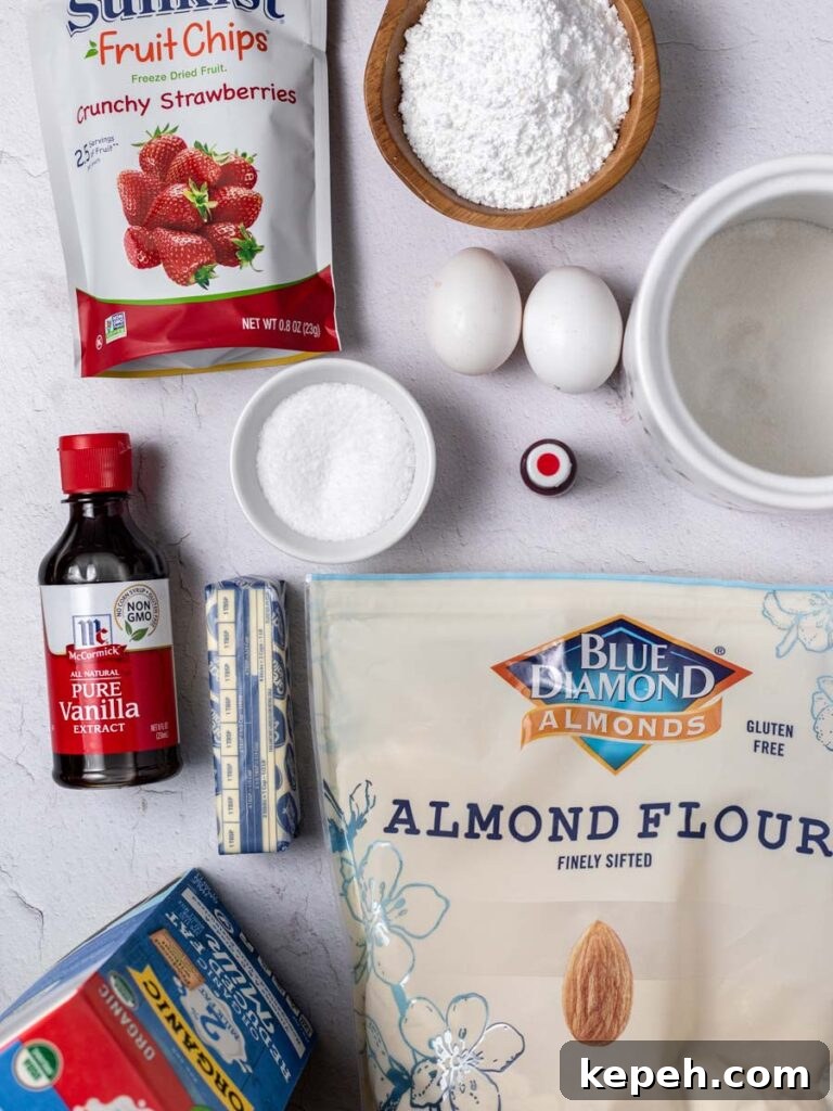 Strawberry Macaron Recipe: Light, Tangy French Cookies 3 Overhead photo of ingredients required to make macarons.