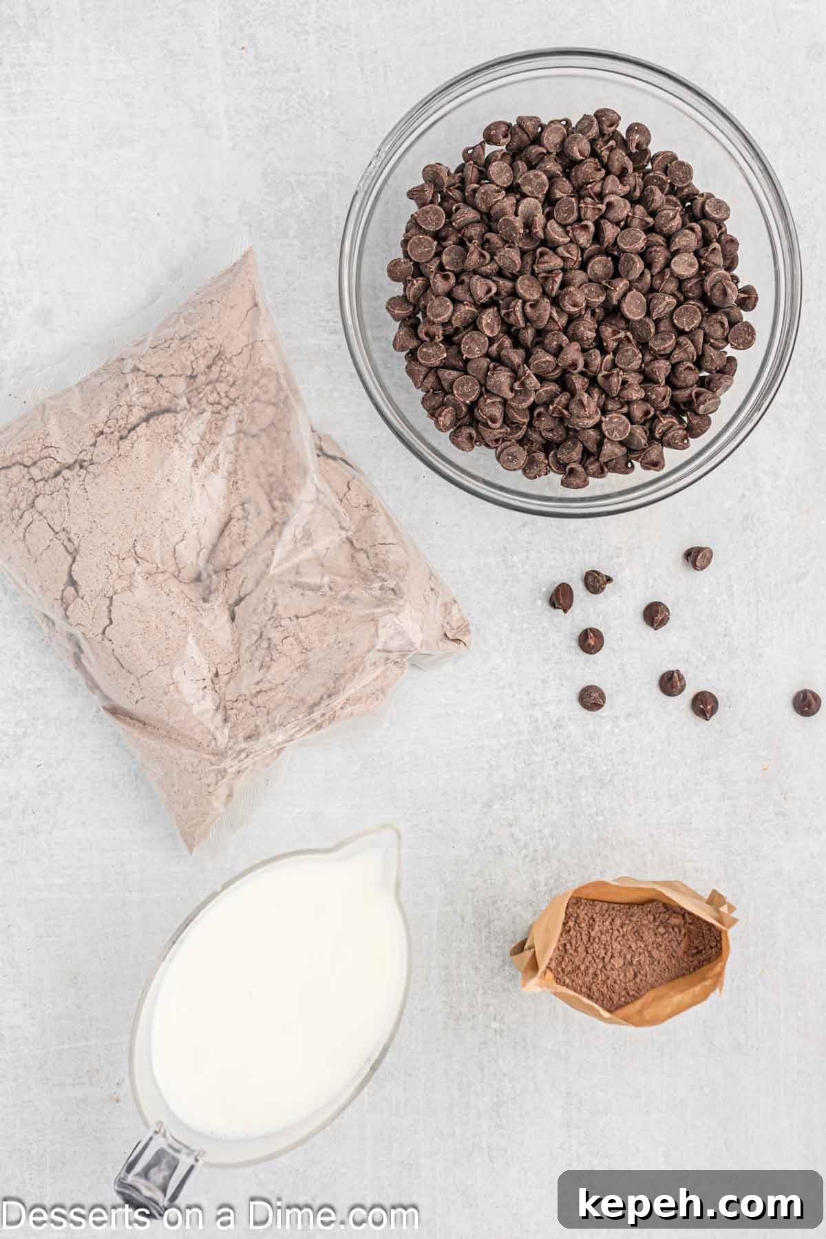 Simple Chocolate Dump Cake Recipe — Quick One-Bowl Dessert 3 Ingredients for recipe - cake mix, pudding, milk, chocolate chips.