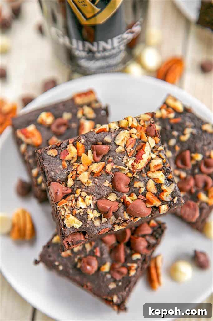 Triple Chocolate Guinness Brownies Recipe — Rich Stout Brownies 3 stack of brownies on a plate