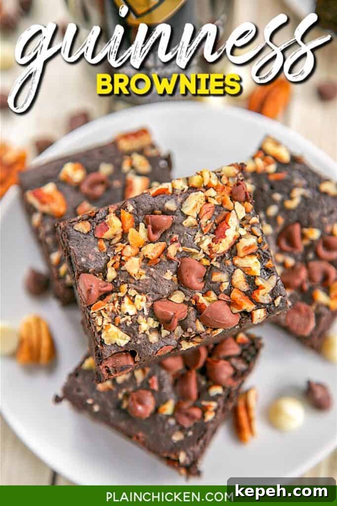 Triple Chocolate Guinness Brownies Recipe — Rich Stout Brownies 5 stack of triple chocolate guinness brownies on a plate