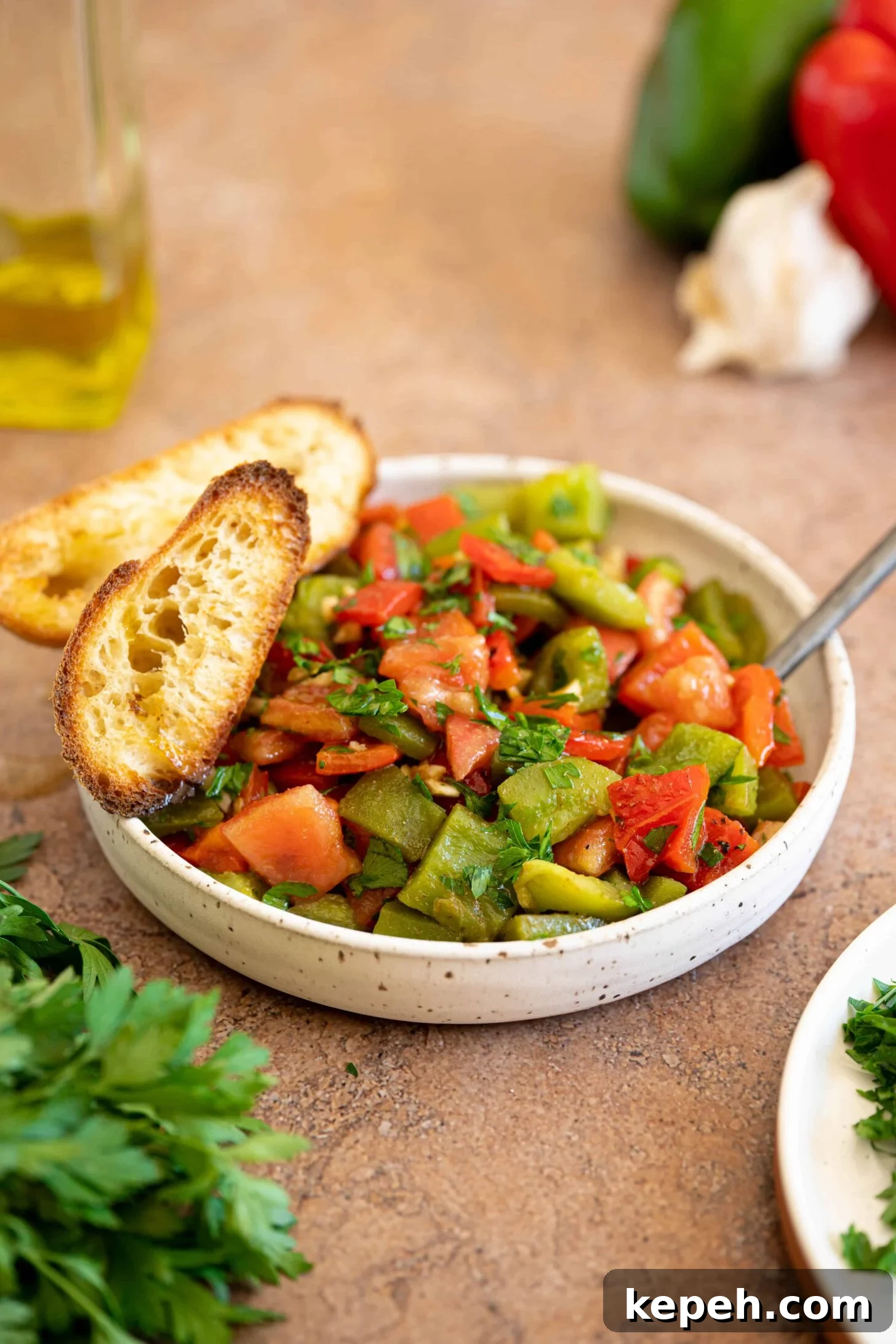 Moroccan Roasted Pepper Salad Recipe with Garlic and Herbs 2 a bowl of roasted pepper salad