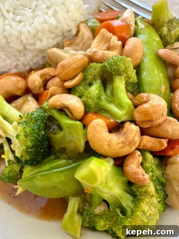 A serving of cashew chicken stir fry with sauce and rice.