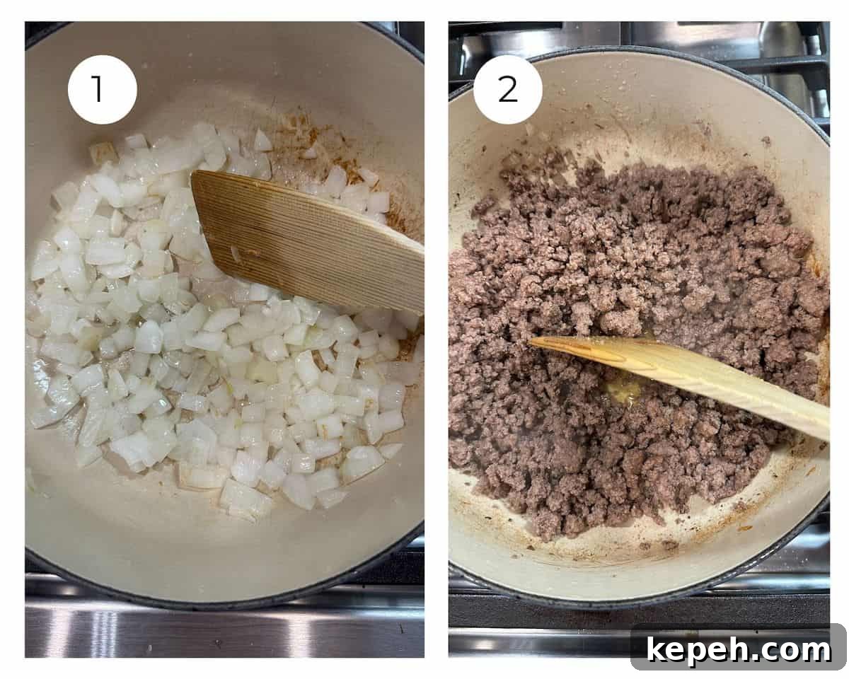 How to Make Authentic French Tacos at Home 7 Diced onion and ground beef cooking in a pan on the stove in two separate photos.