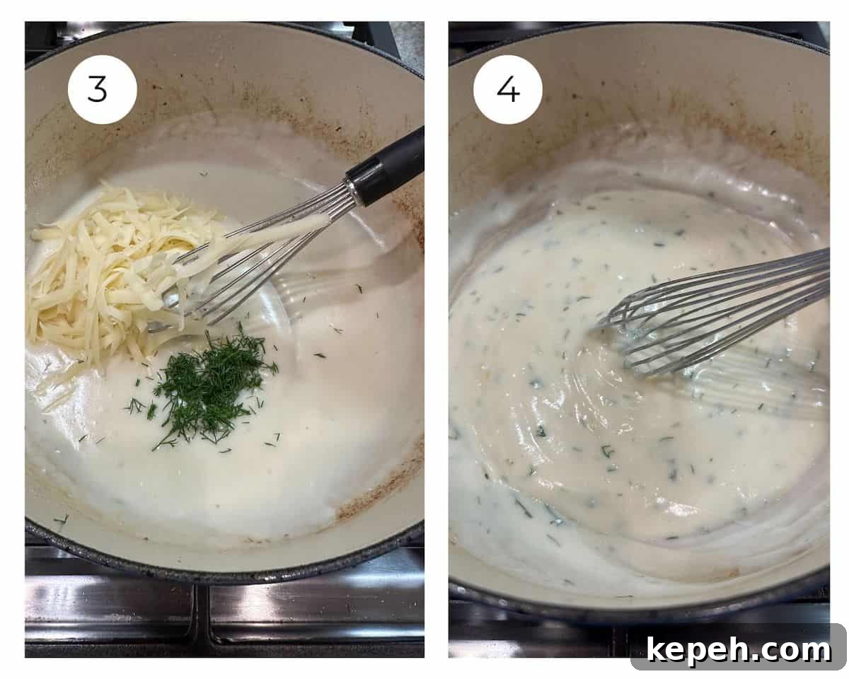 How to Make Authentic French Tacos at Home 8 Cheese sauce in a pan on the stove with grated cheese, chopped dill and a whisk.