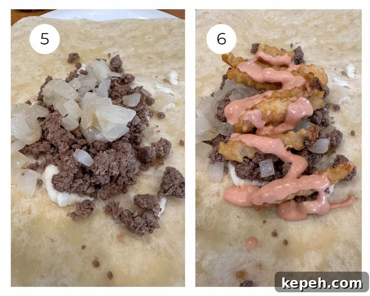 How to Make Authentic French Tacos at Home 9 French taco filling ingredients on a flour tortilla.