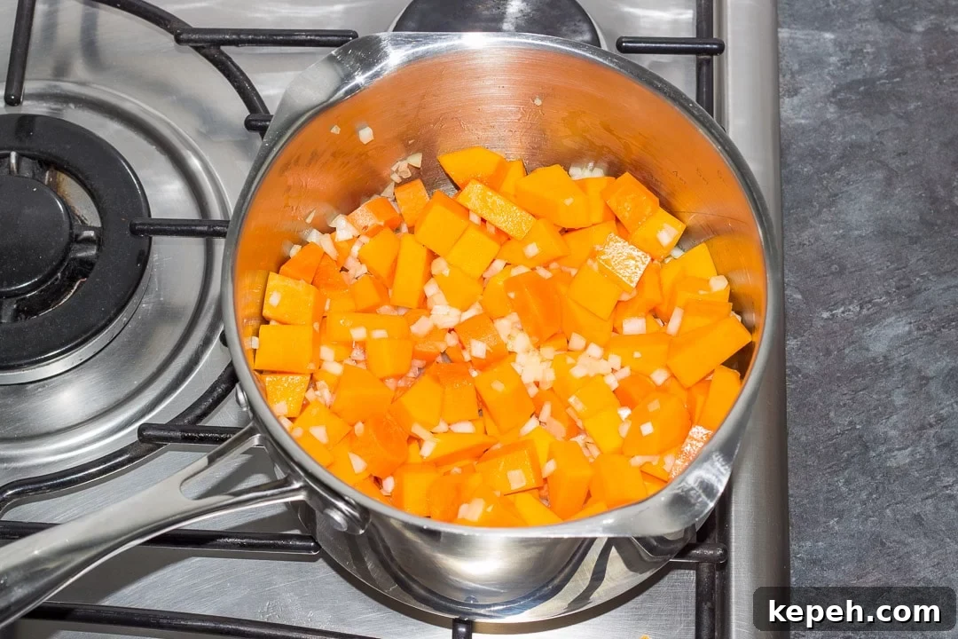 Curried Coconut Lentil Soup with Warm Aromatic Spices 15 vegetables frying in a large pot on the hob